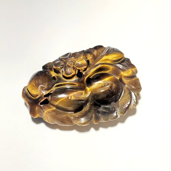 Vintage Hand-Carved Tiger’s Eye Stone • Floral Fruit Motif • Ready for Pendant S - Picture 5 of 11